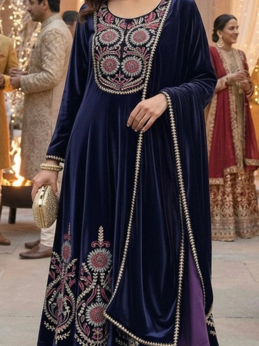Navy Blue Embroidered Anarkali Suit Set