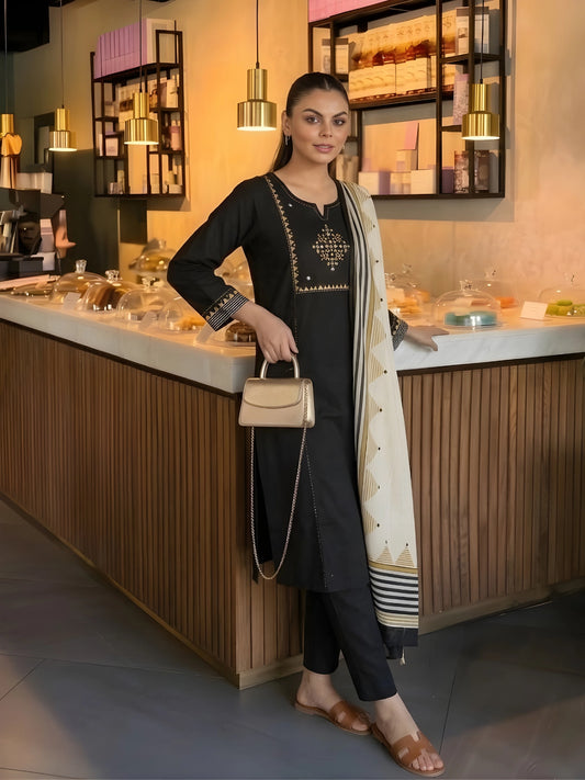 Elegant Black Geometric Embroidered Kurta Set