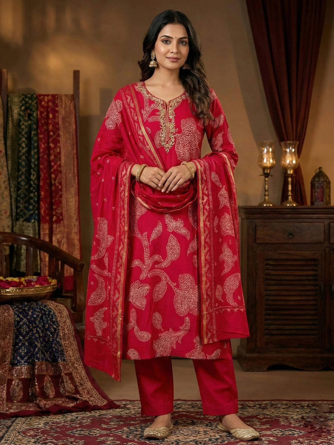 Guchsia Pink Embroidered Bandhani Print Kurta Set
