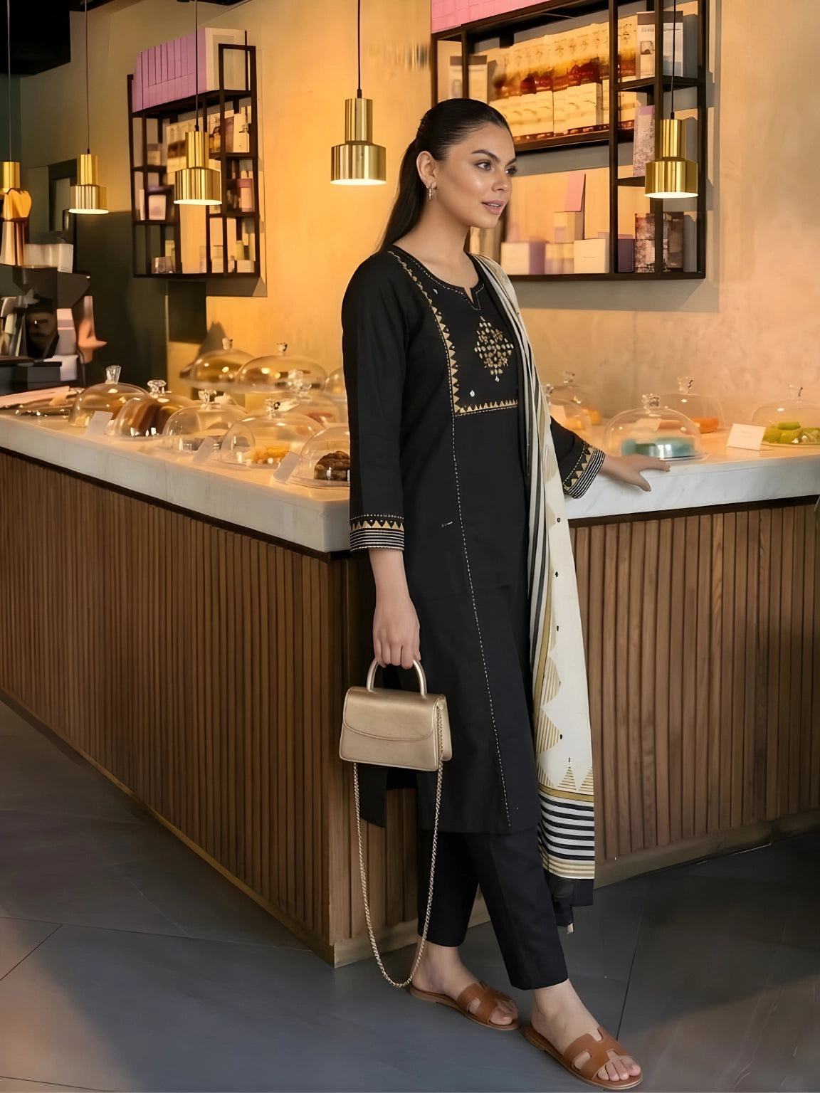 Elegant Black Geometric Embroidered Kurta Set