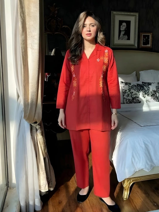 Tomato Red Floral Embroidered Co-Ord Set
