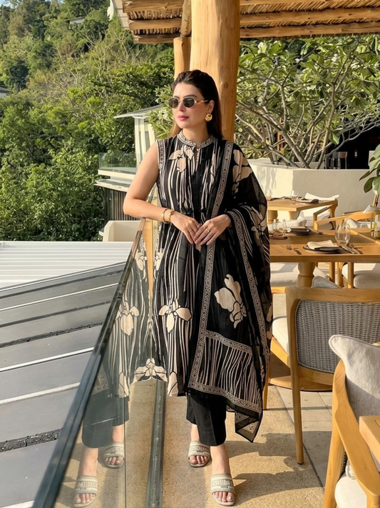 Black and White Printed Kurta Pant Set with Dupatta