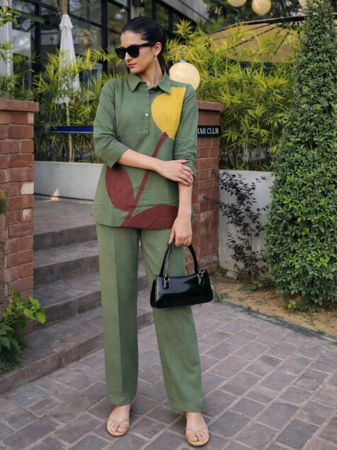 Olive Green Leaf Appliqué Co-Ord Set