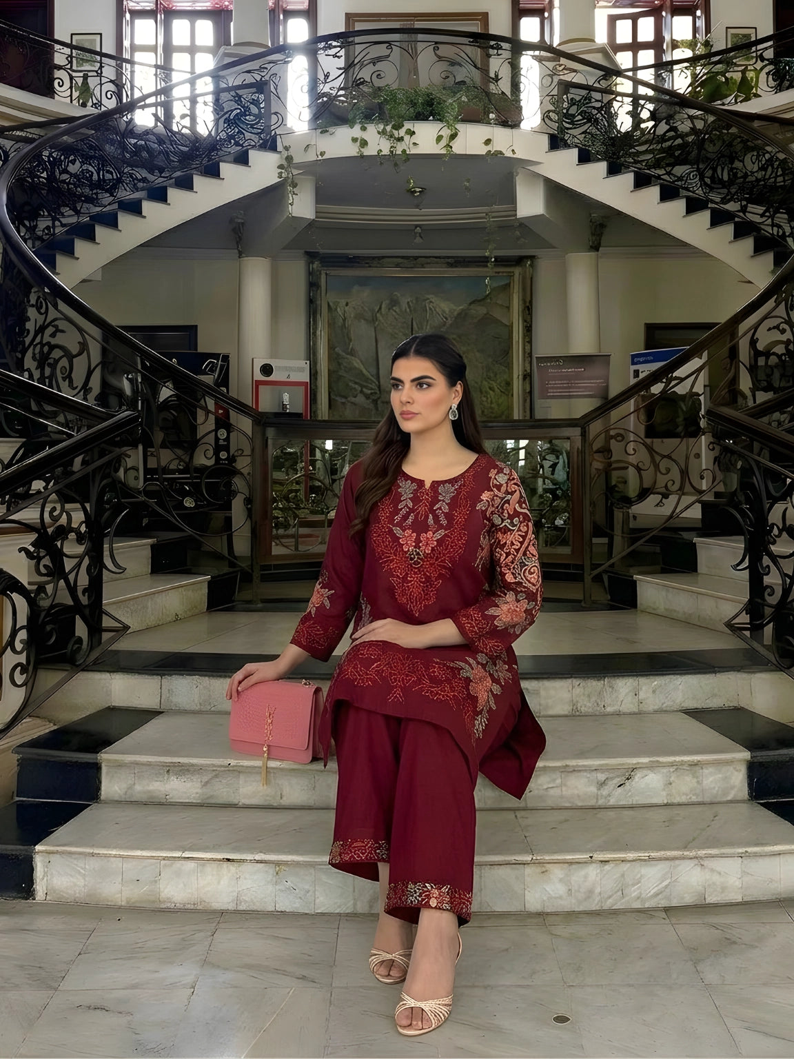 Elegant Maroon Floral Embroidered Kurta Pant Set