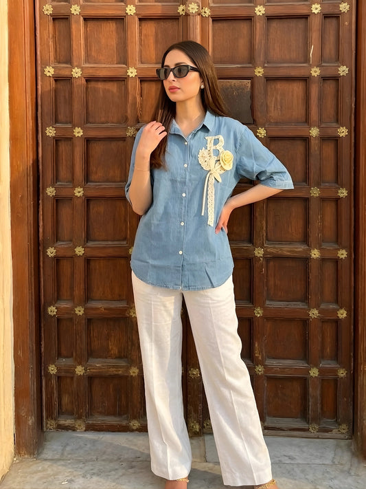Light Blue Floral Appliqué Shirt