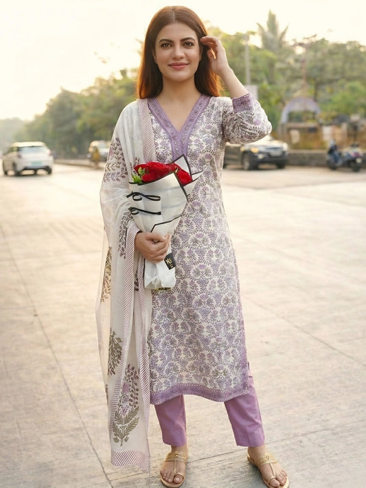 Lavender Floral Kurta Pant Set with Dupatta