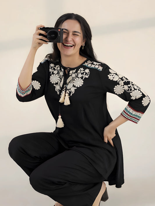 Black Floral Embroidered Co-Ord Set