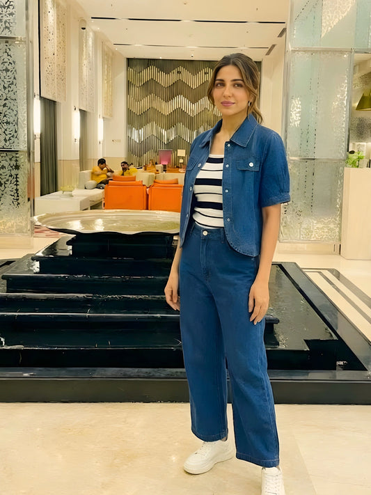 Blue Short-Sleeve Jacket & Wide-Leg Pants Co-Ord Set