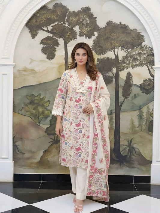 Off-White Floral 3-Piece Kurta Suit