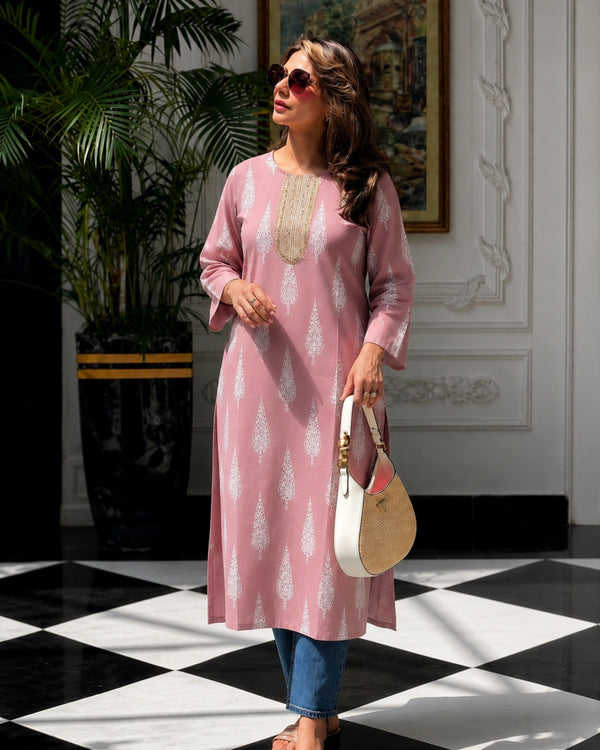Pink Paisley Print Cotton Kurta with Embroidered Yoke for Office Wear