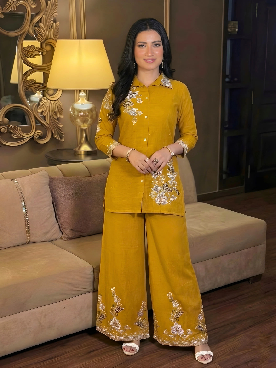 Mustard Yellow Floral Embroidered Co-Ord Set