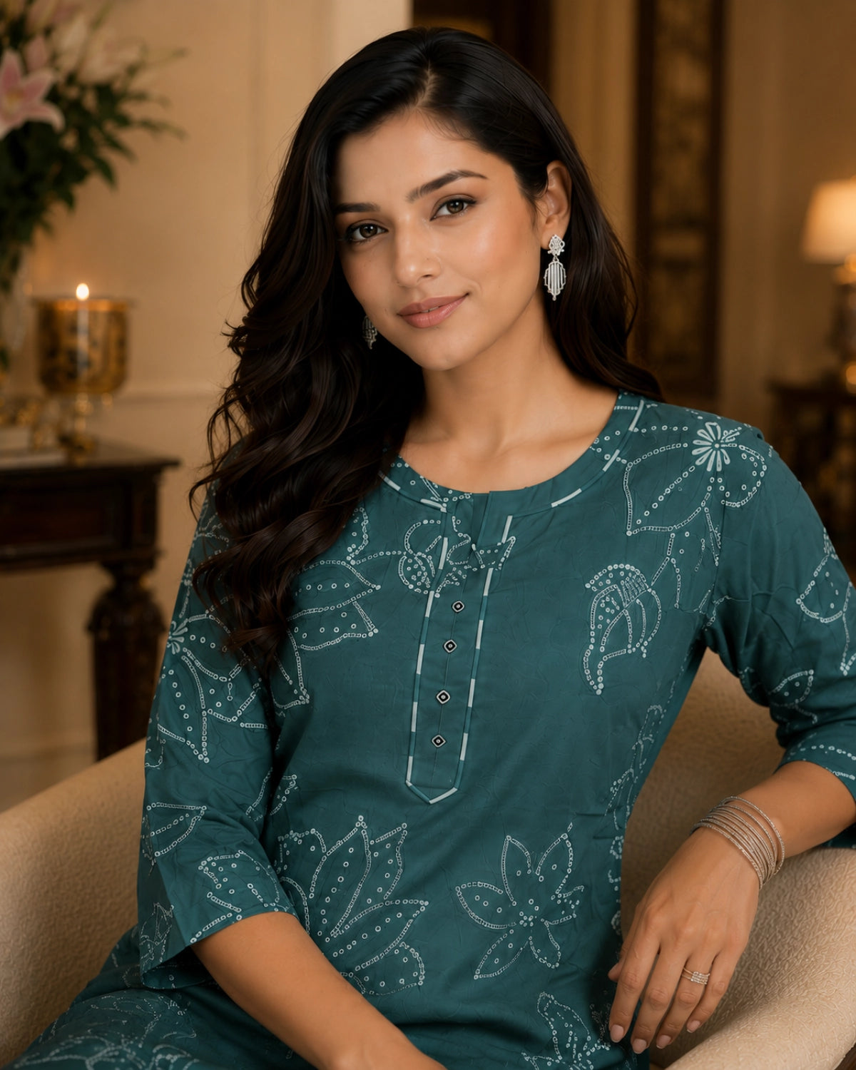 Teal Bandhani Print Rayon Kurta Pant Set for Daily Wear