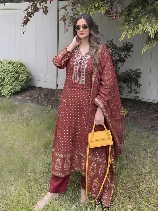 Maroon Heritage Print Straight Kurta Set