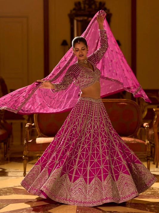 Rani Pink Hand-Embellished Mirror Work Lehenga Set