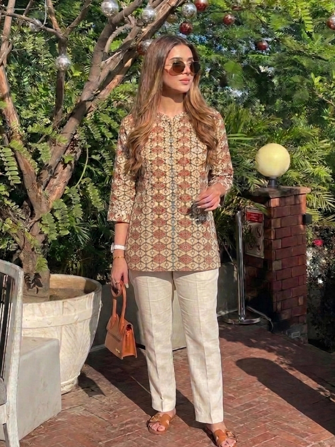Brown & Beige Geometrical Print Short Kurti