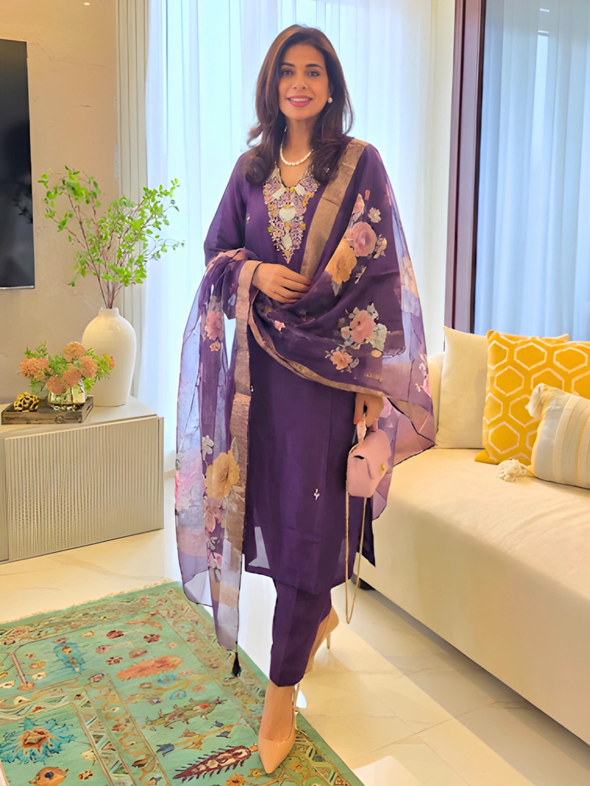 Deep Violet Embroidered Silk Suit Set