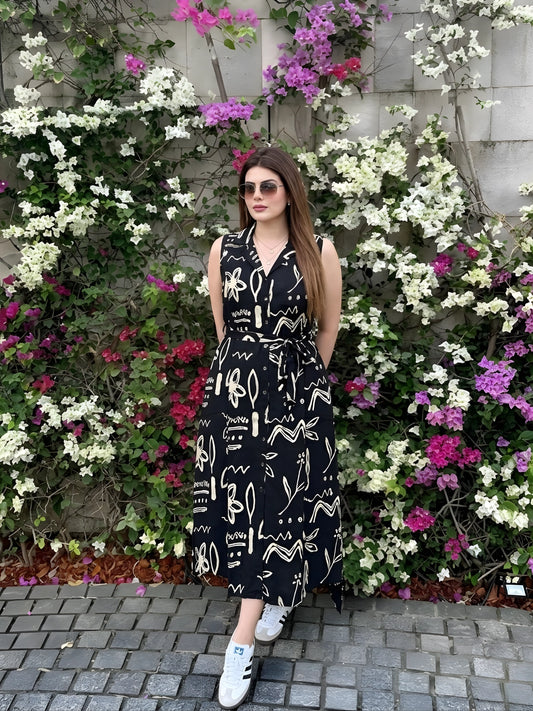 Black Scribble Print Sleeveless Midi Dress with Tie-Waist