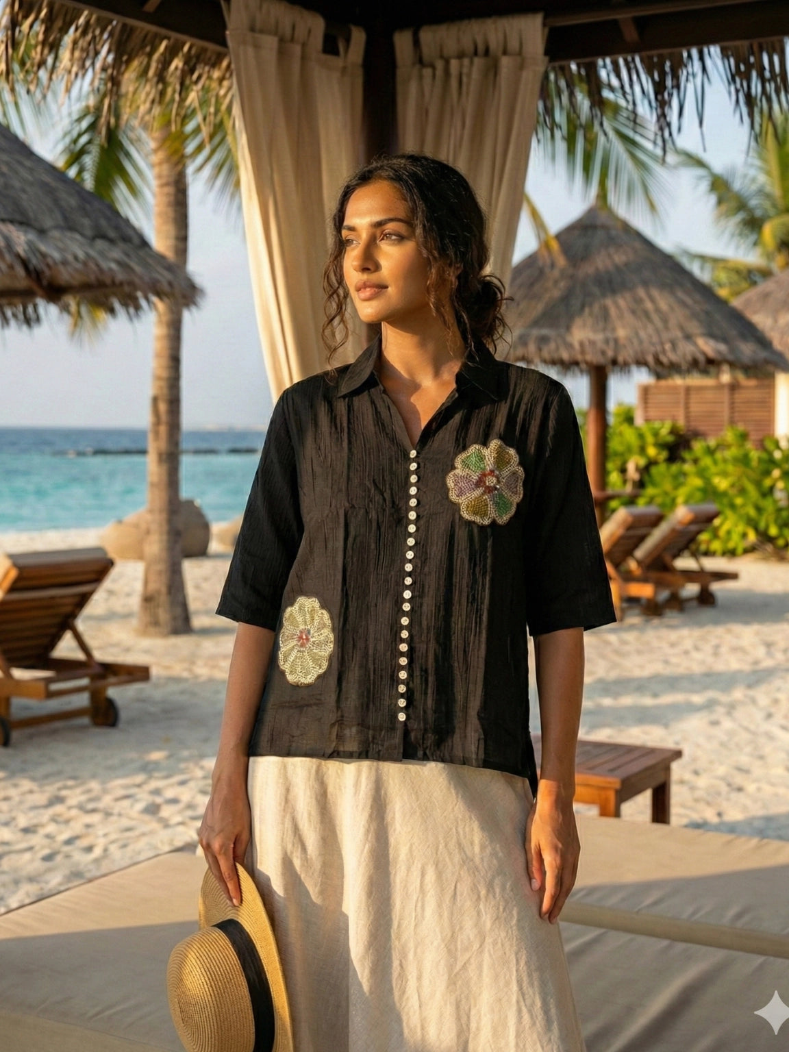 Midnight Black Embroidered Resort Shirt