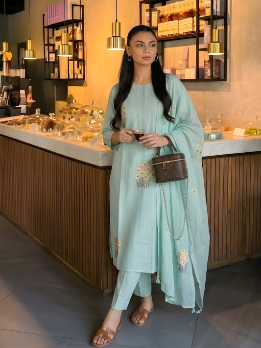 Seafoam Blue Floral Embroidered 3-Piece Suit Set