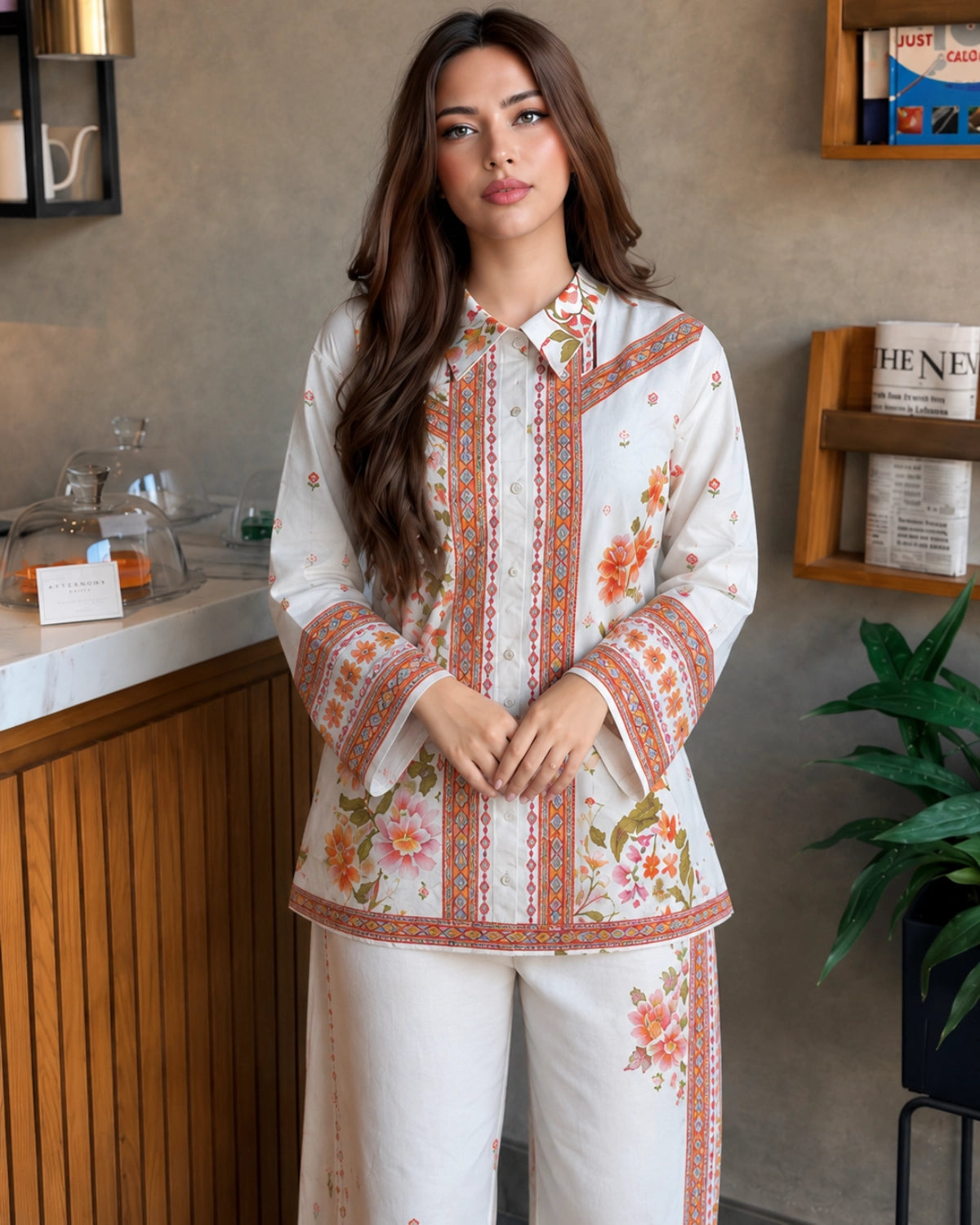 Ivory Floral Chiffon Co-Ord Set with Border Print for Vacation Wear