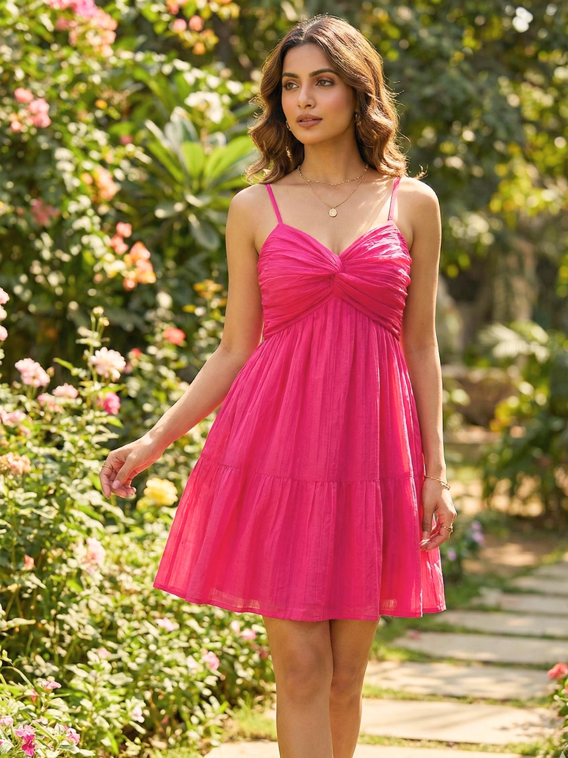 Hot Pink Ruched Bust Tiered Mini Dress