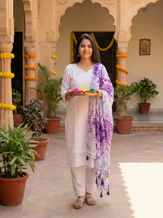 White Chikankari Kurta Set with Purple Tie-Dye Dupatta
