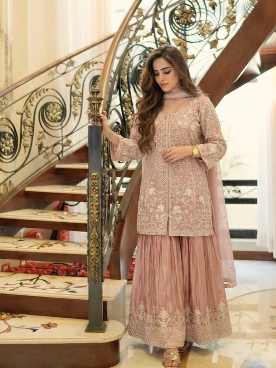 Mauve Pink Embroidered Sharara Set