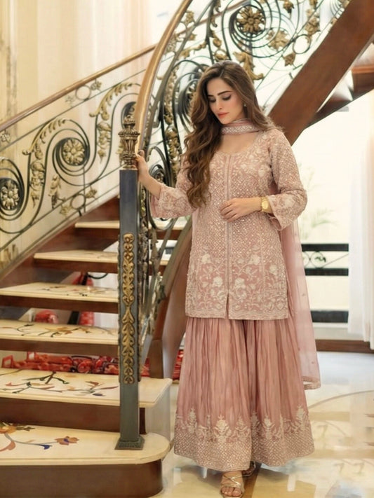 Mauve Pink Embroidered Sharara Set