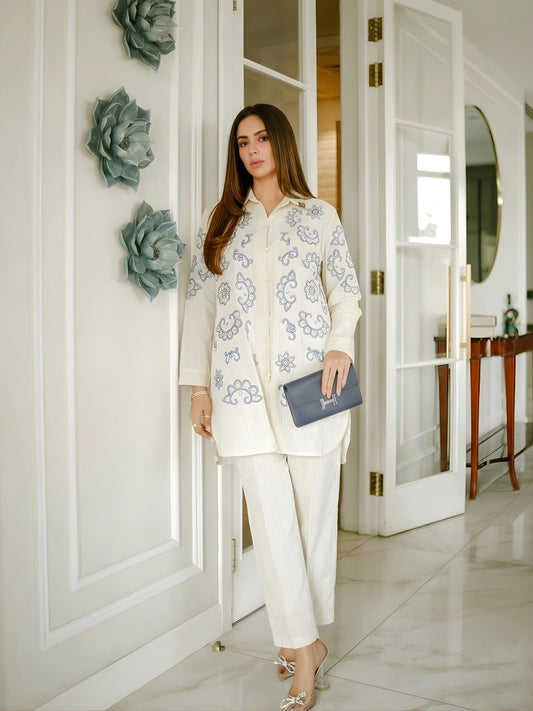 Off-White and Blue Embroidered Co-Ord Set