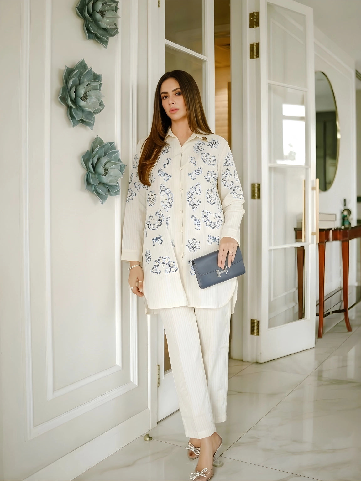 Off-White and Blue Embroidered Co-Ord Set