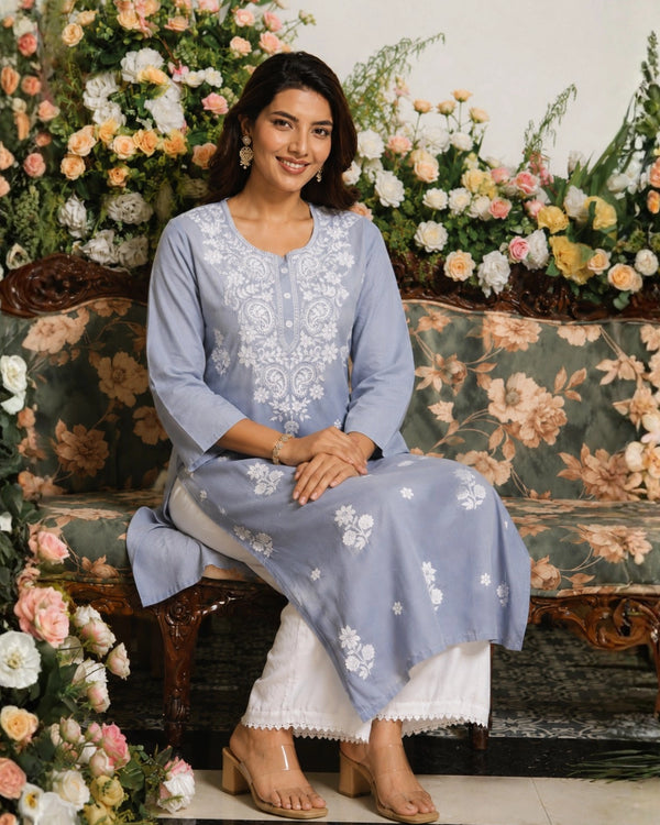 Powder Blue Chikankari Embroidered Cotton Kurti for Office Wear