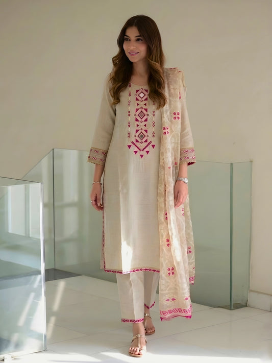 Elegant Off-White and Vibrant Pink Embroidered Kurta Pant Set