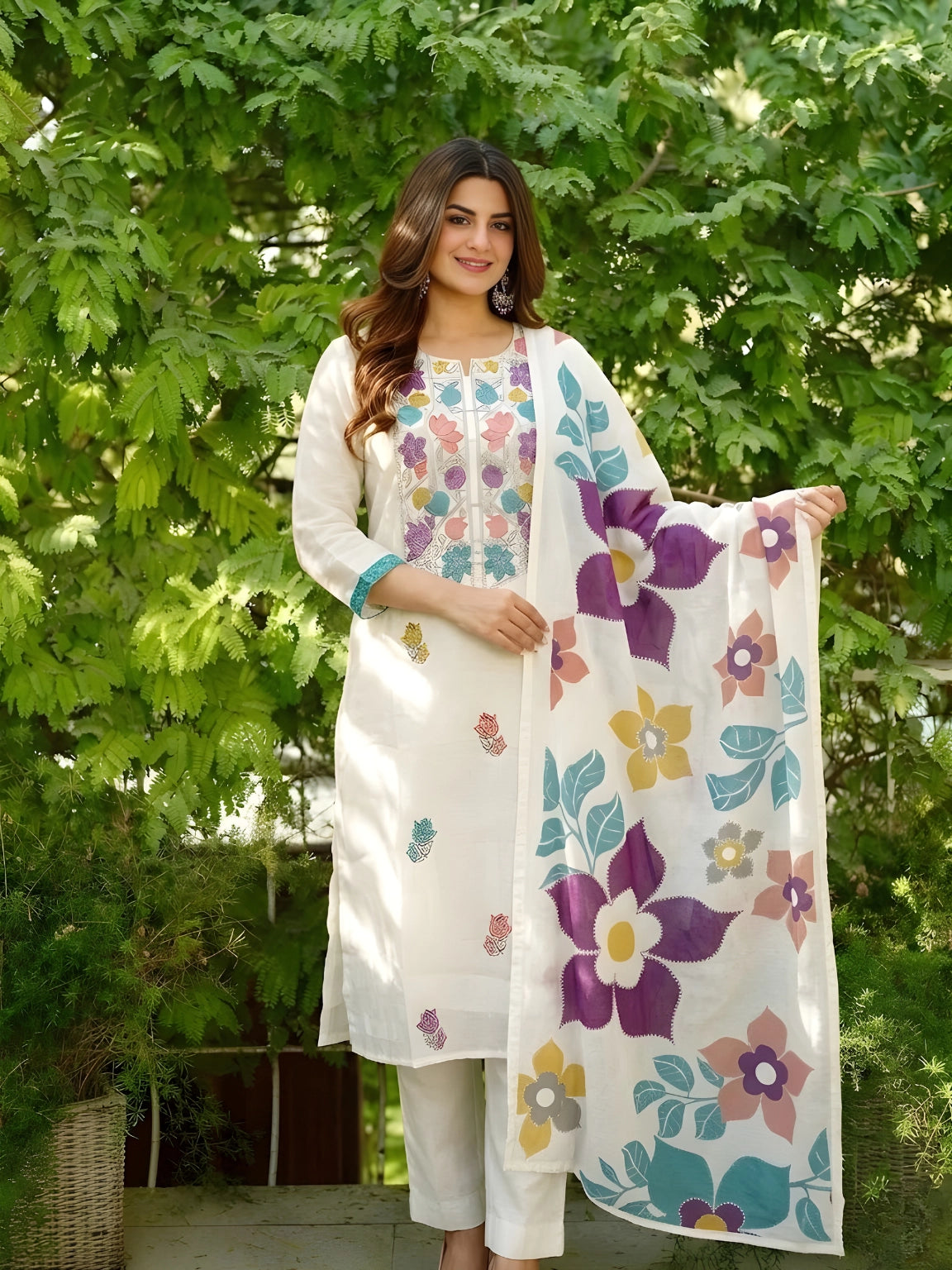 Elegant White Embroidered 3-Piece Suite Set with Printed Dupatta