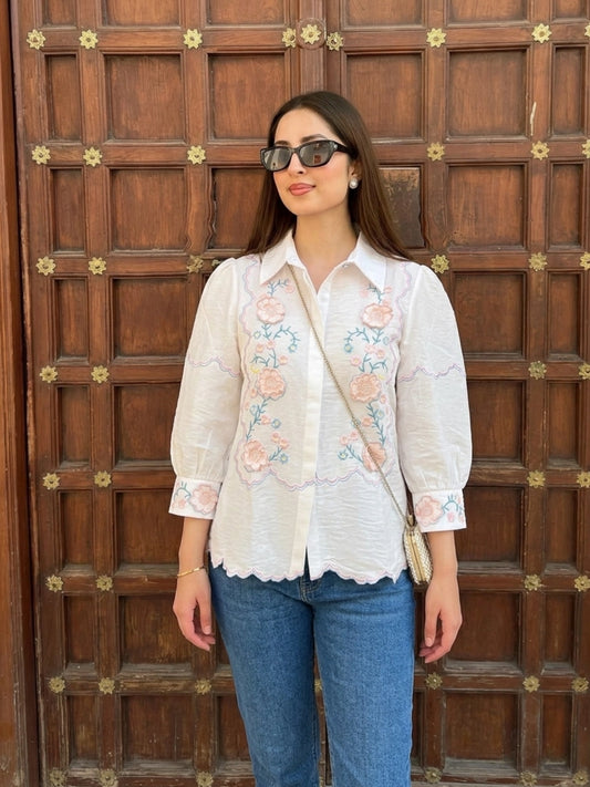 Pristine White Floral Embroidered Scalloped Top