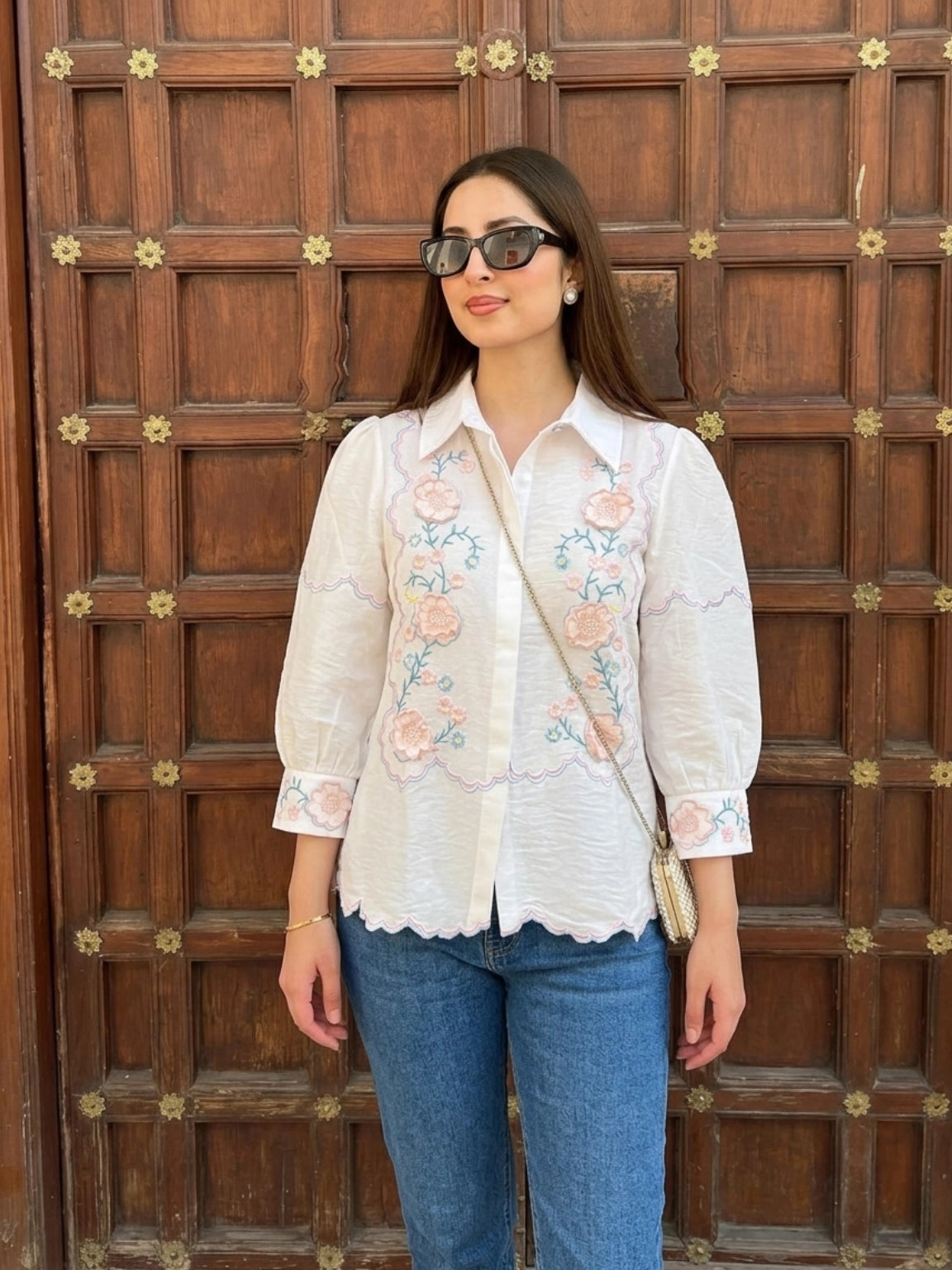 Pristine White Floral Embroidered Scalloped Top