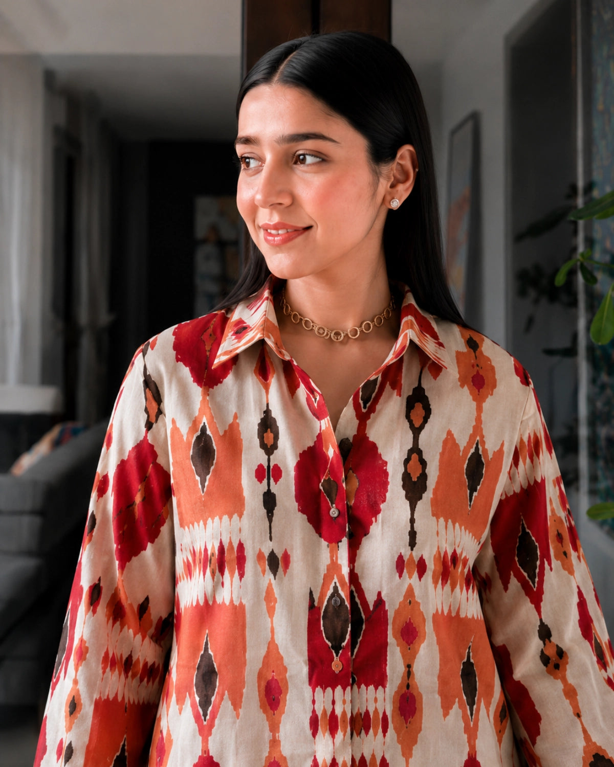 Red Ikat Print Cotton Co-ord Set with Shirt Collar for Office Wear