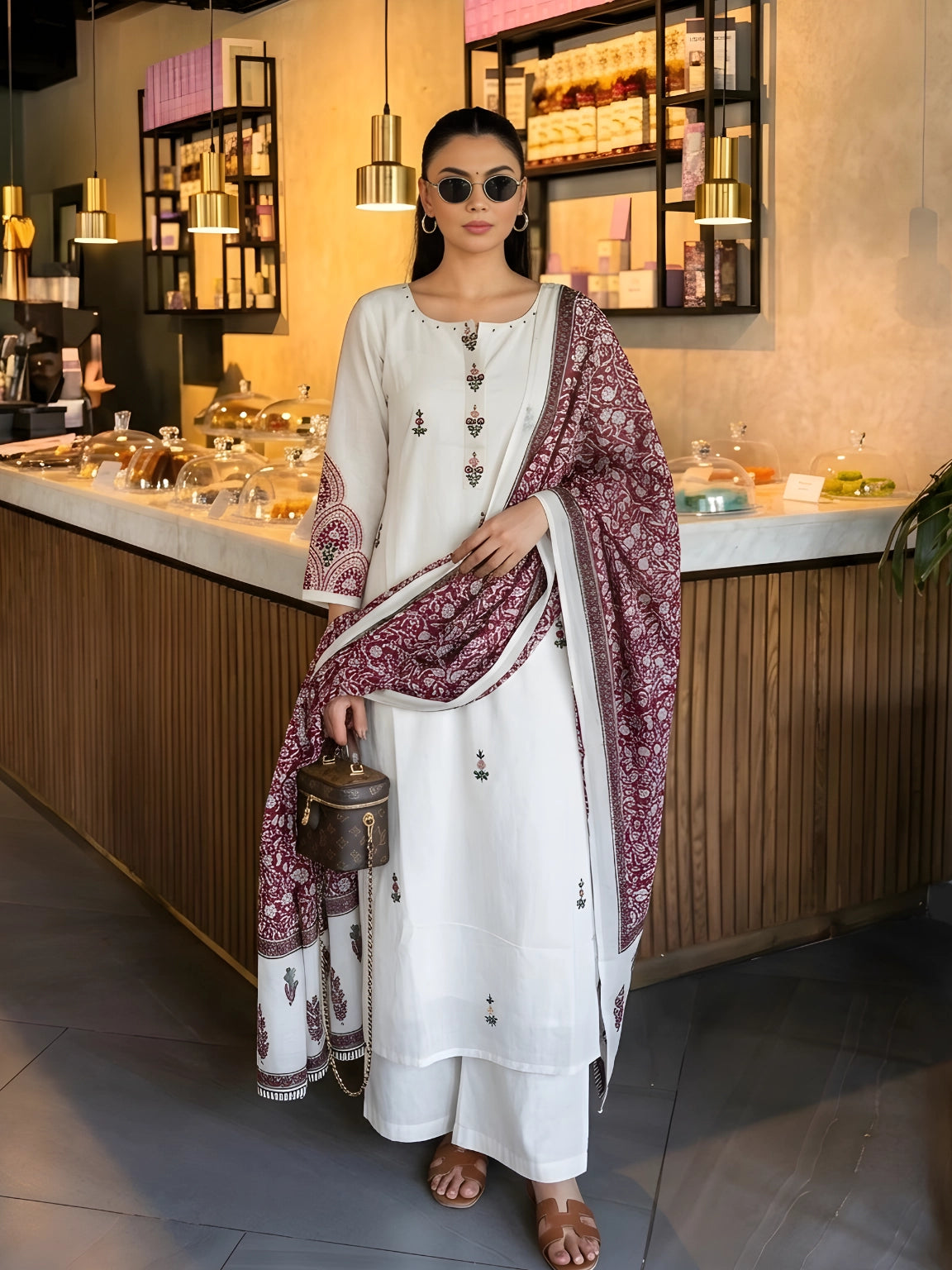 Off-White & Maroon Embroidered Kurta Suit Set