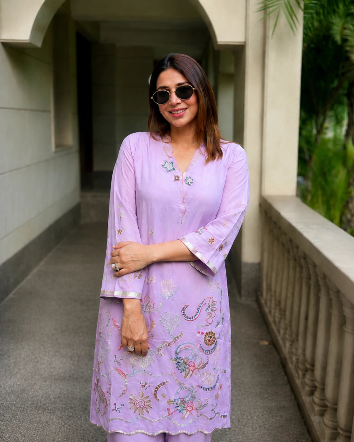 Lavender Embroidered Cotton Kurta Pant Set for Office Wear