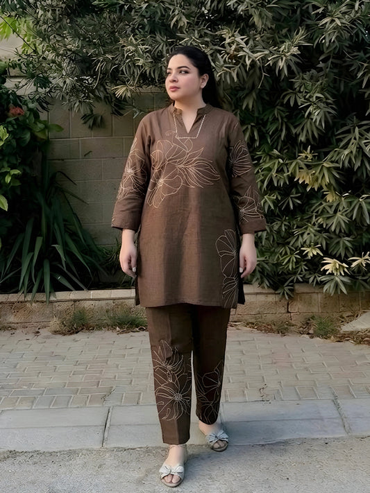 Earthy Brown Floral Line-Art Kurta Pant Set