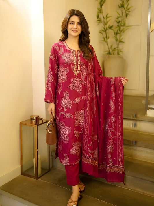 Elegant Magenta Printed 3-Piece Kurta Suit