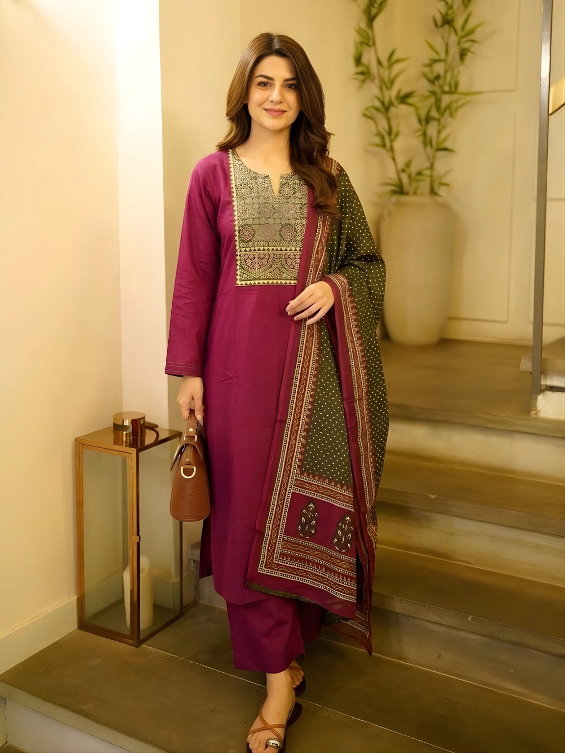 Magenta Yoke-Design 3-Piece Kurta Suit with Contrast Dupatta