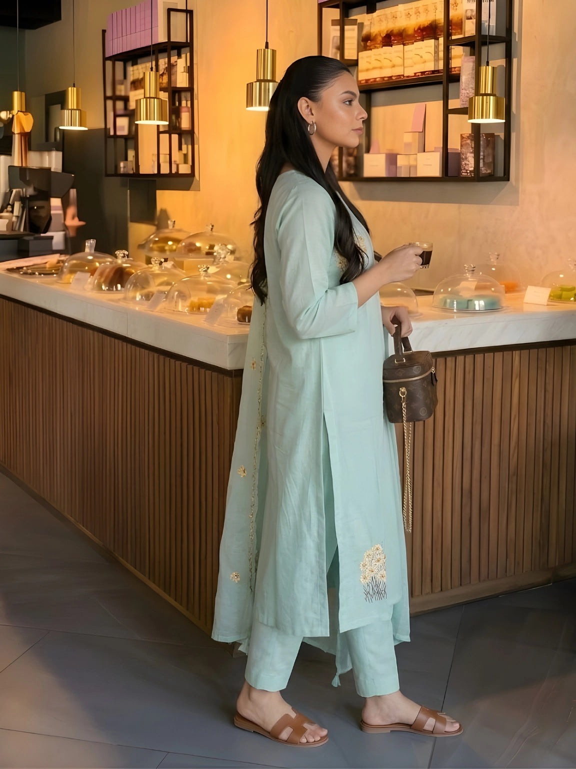 Seafoam Blue Floral Embroidered 3-Piece Suit Set