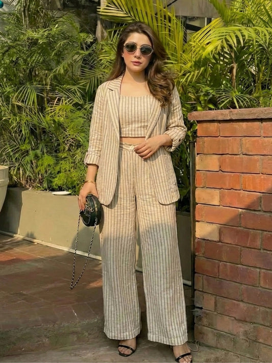 Beige Striped 3-Piece Co-Ord Set