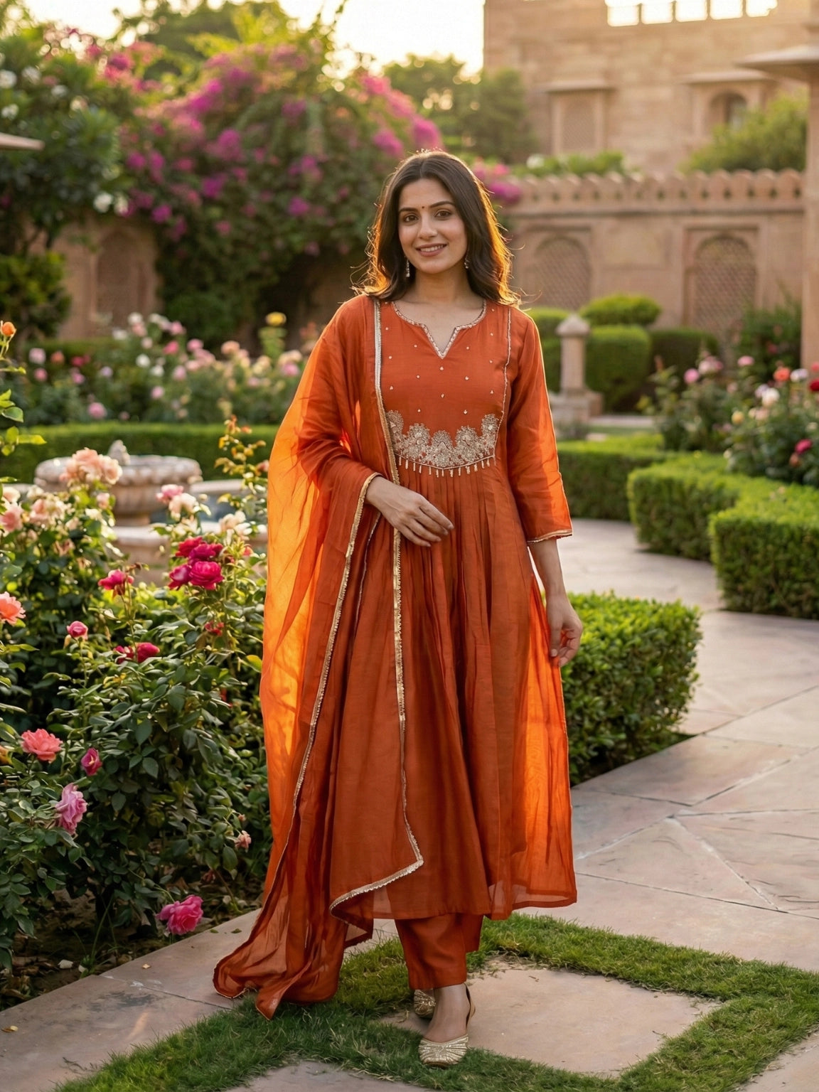 Burnt Orange Embroidered Anarkali Set