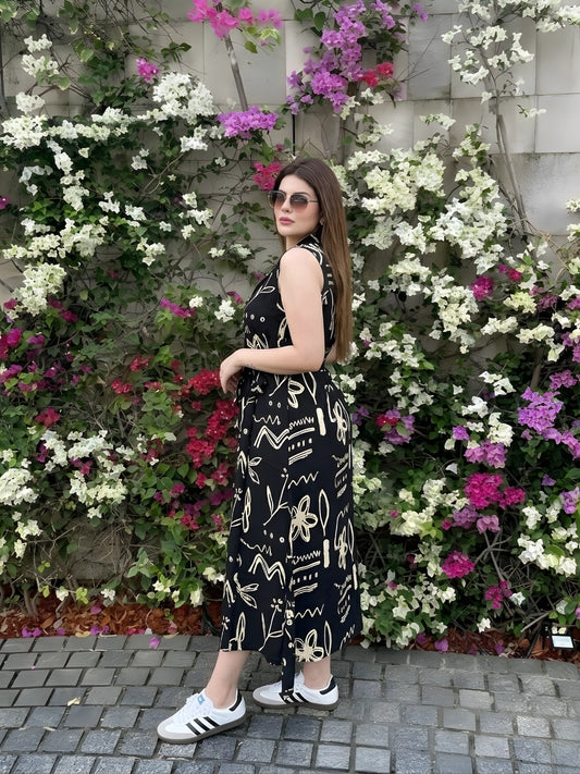 Black Scribble Print Sleeveless Midi Dress with Tie-Waist