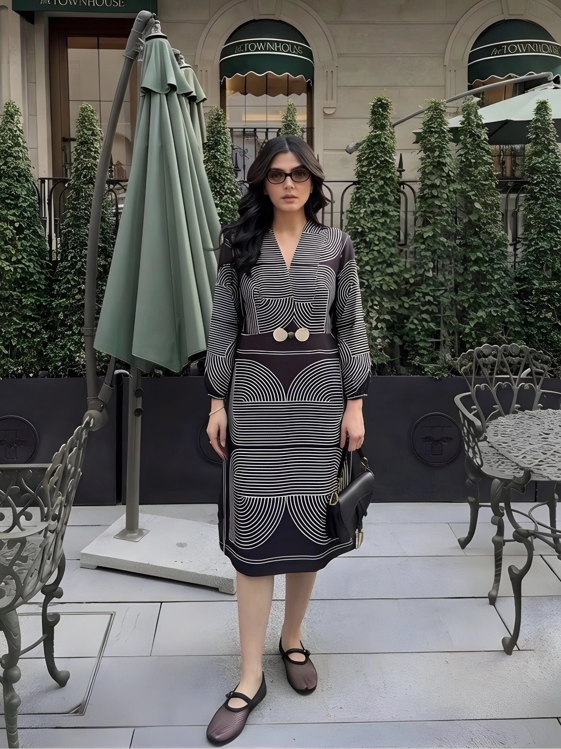 Ebony Monochrome Geometric V-Neck Midi Dress