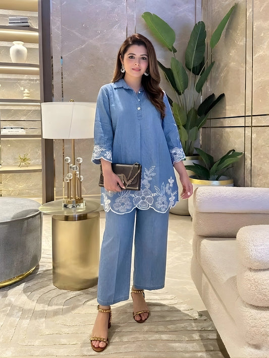 Classic Blue Floral Embroidered Co-Ord Set