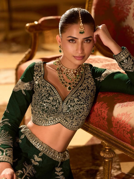 Emerald Green Hand-Embroidered Velvet Lehenga Set