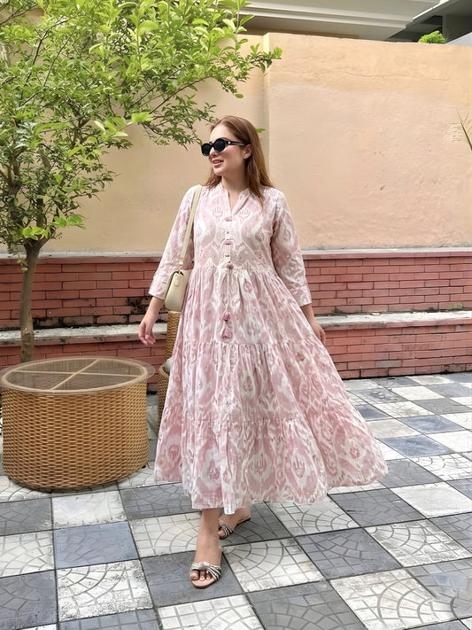 Blush Pink & White Abstract Print Tiered Maxi Dress