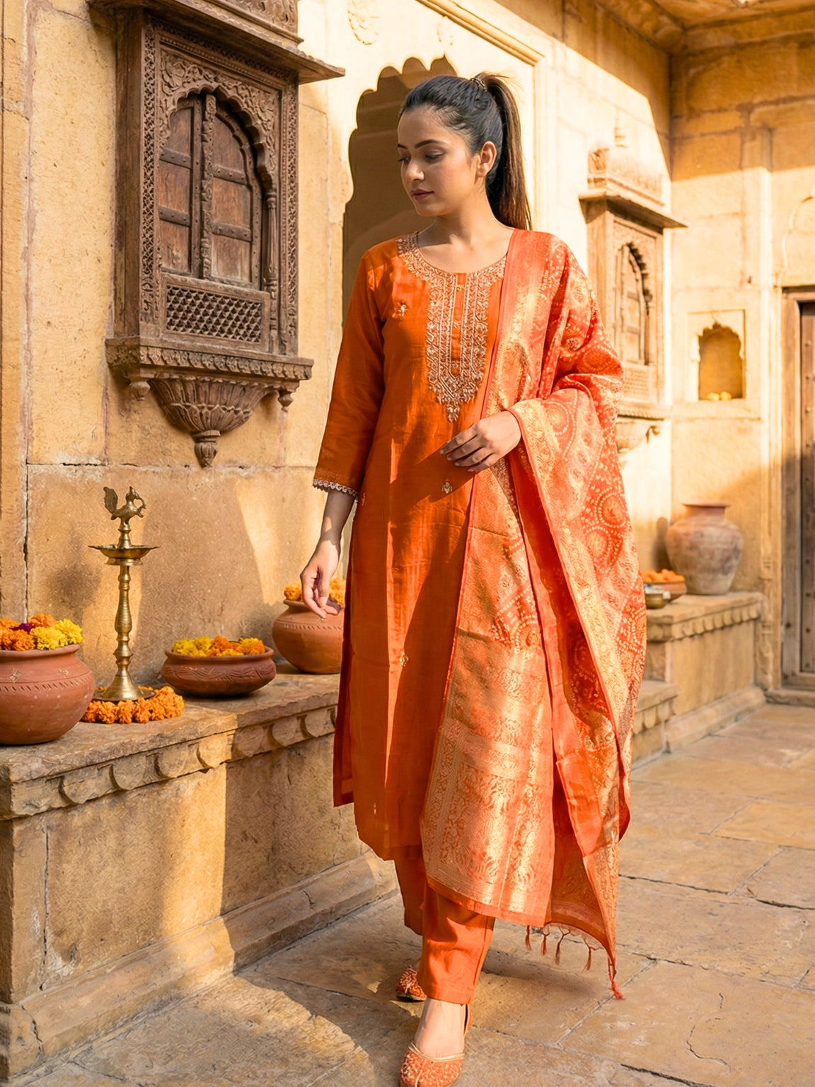 Rust Orange Embroidered Silk Kurta Set with Banarasi Dupatta